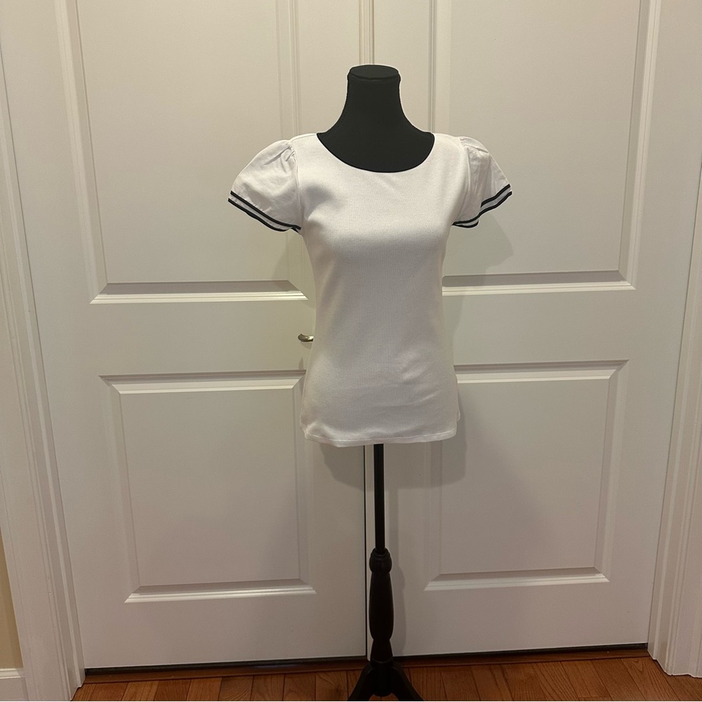 Lauren Ralph Lauren White Puff Sleeve Top with Black Trim
